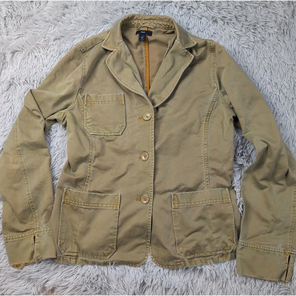Gap Jacket Womens M Biege Denim Blazer Button Up Preppy Pockets Stretch